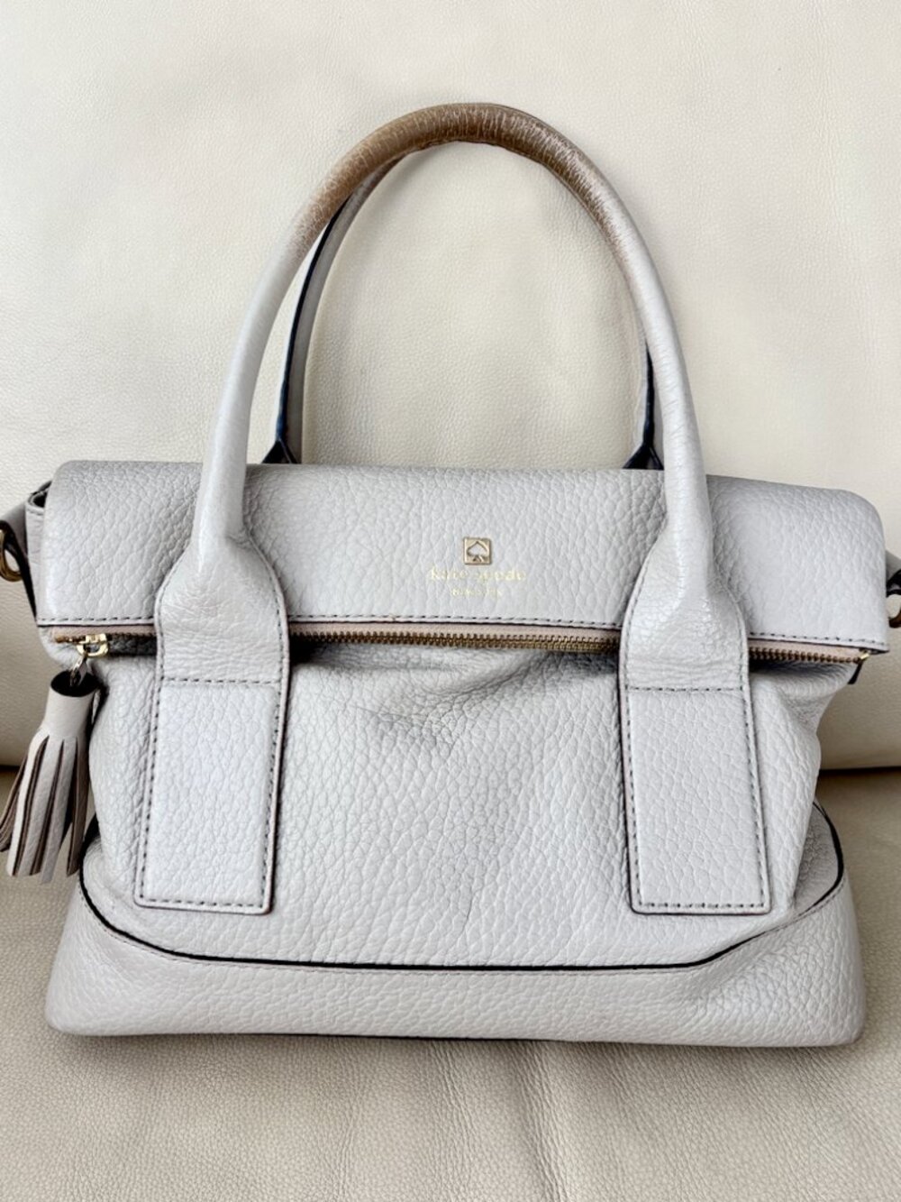 Kate Spade Pebbled Leather Satchel in Light Gray with Tassel